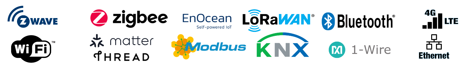 Z-Wave, Zigbee, Matter, WiFi, Bluetooth, KNX, Modbus, EnOcean, LoRaWAN, 1-Wire, Ethernet Logos