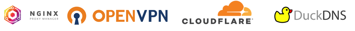 Docker, Caddy Proxy, HAProxy, NGINX, OpenVPN, Cloudflare, DuckDNS Logos